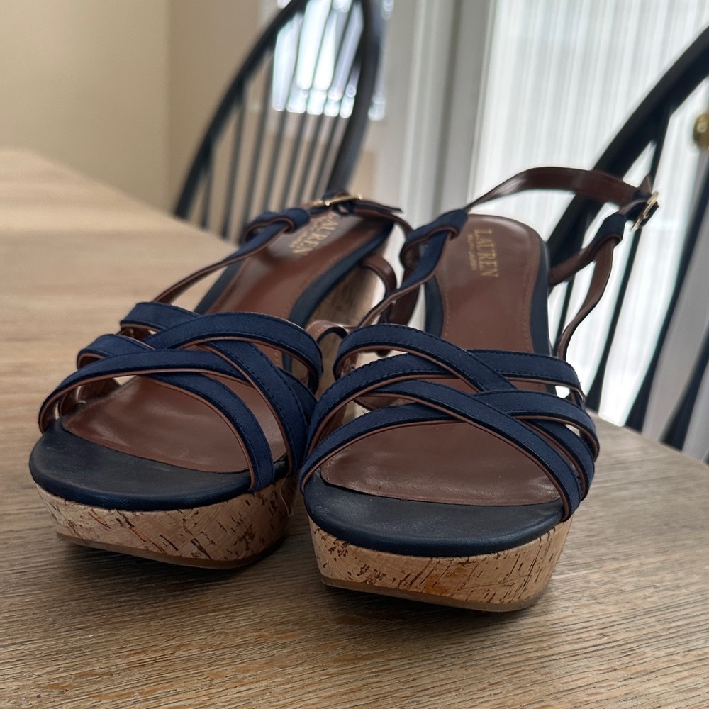 Ralph Lauren Strappy Navy and Brown Wedges